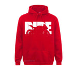 Red hoodie with bold white RIDE motorcycle graphic – men’s biker streetwear pullover