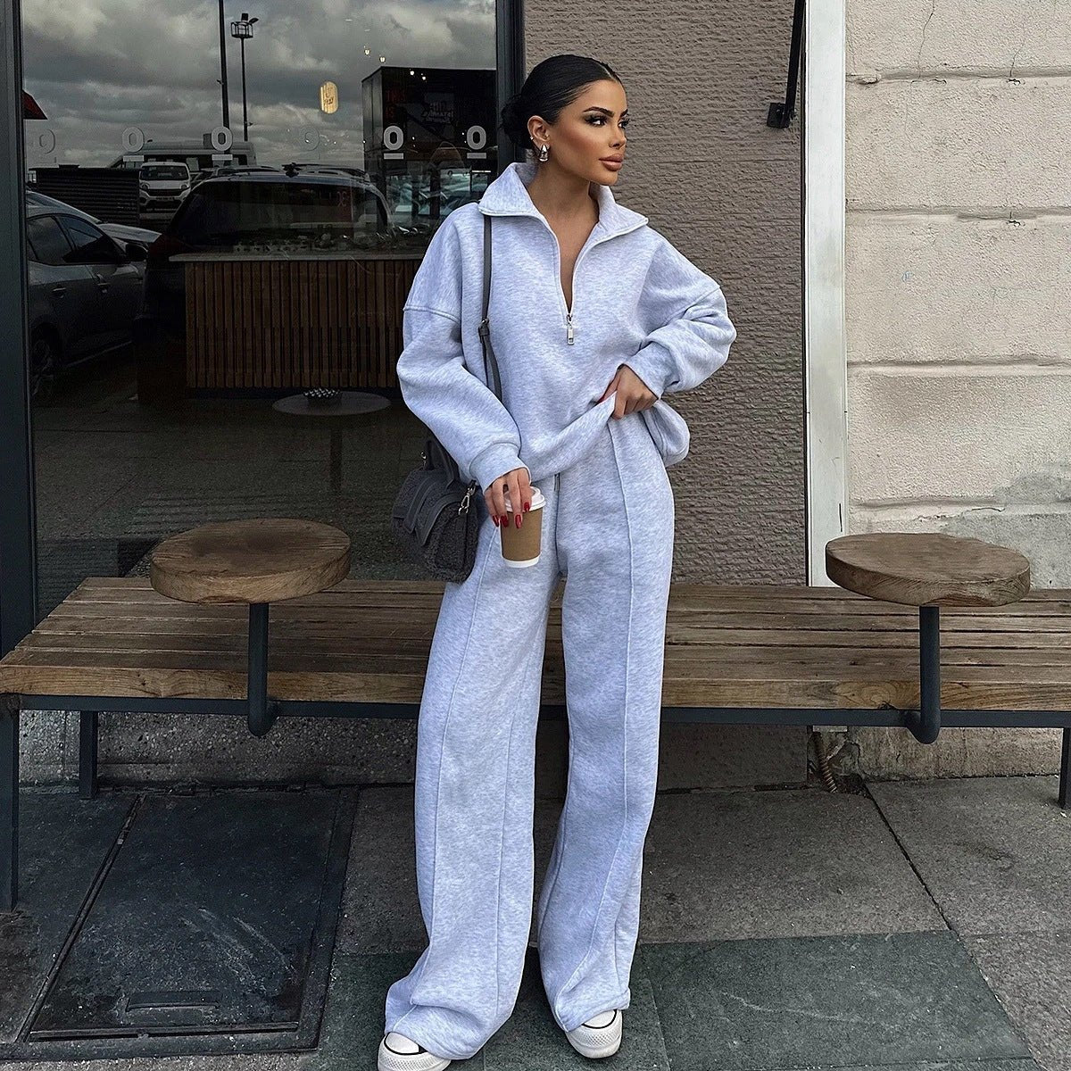 Casual Women's Fashion Half - zip Hoodie And Pants Two - piece Set Loose Casual Autumn And Winter Outfit - Zip - up Hoodies set - CJLS262230115OL - null