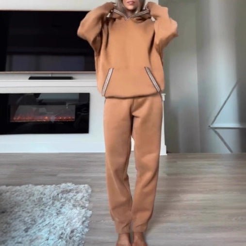 Lace - trimmed Kangaroo Pocket Hoodie And Elastic Waistband Sweatpants Set - Pullover hoodie - CJLS262455511KP - null