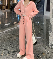 New Stylish Casual Sporty Hoodie And Wide - leg Pants Set For Petite Figures - Zip - up Hoodies set - CJLS264074202BY - null