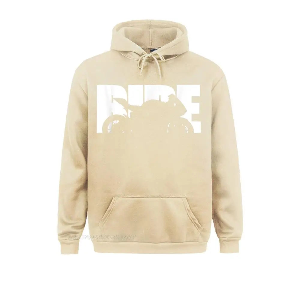 Beige hoodie with bold white RIDE motorcycle graphic – men’s biker streetwear pullover