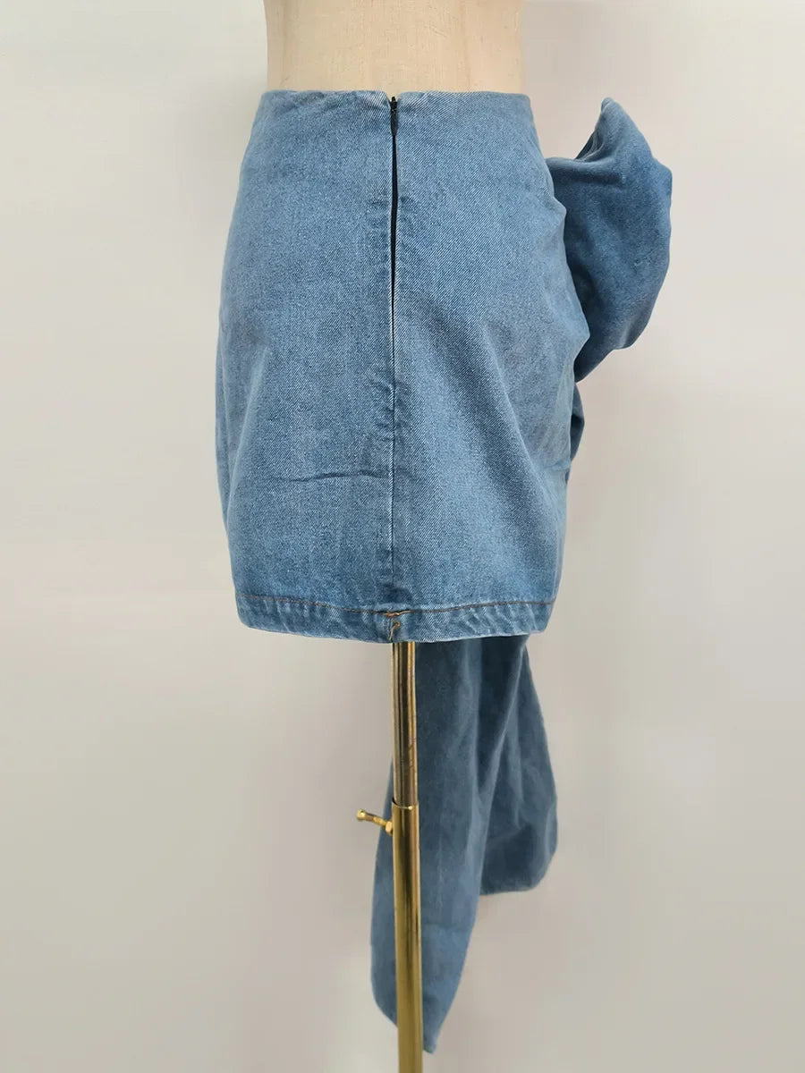 High-waist blue denim mini skirt with 3D flower design and asymmetric drape – women’s streetwear fashion