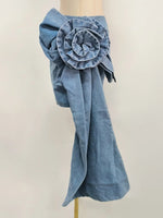 High-waist blue denim mini skirt with 3D flower design and asymmetric drape – women’s streetwear fashion