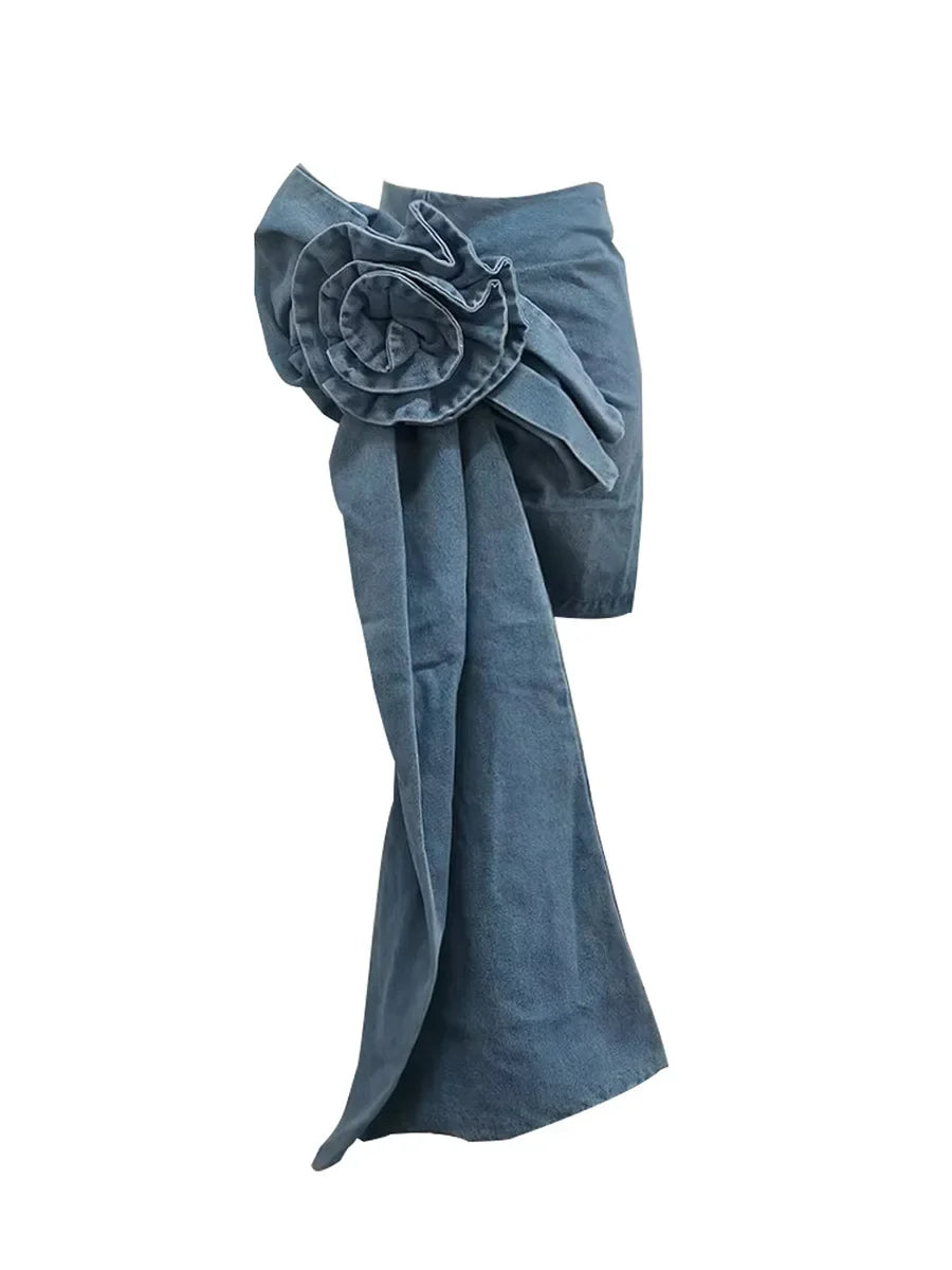 High-waist blue denim mini skirt with 3D flower design and asymmetric drape – women’s streetwear fashion