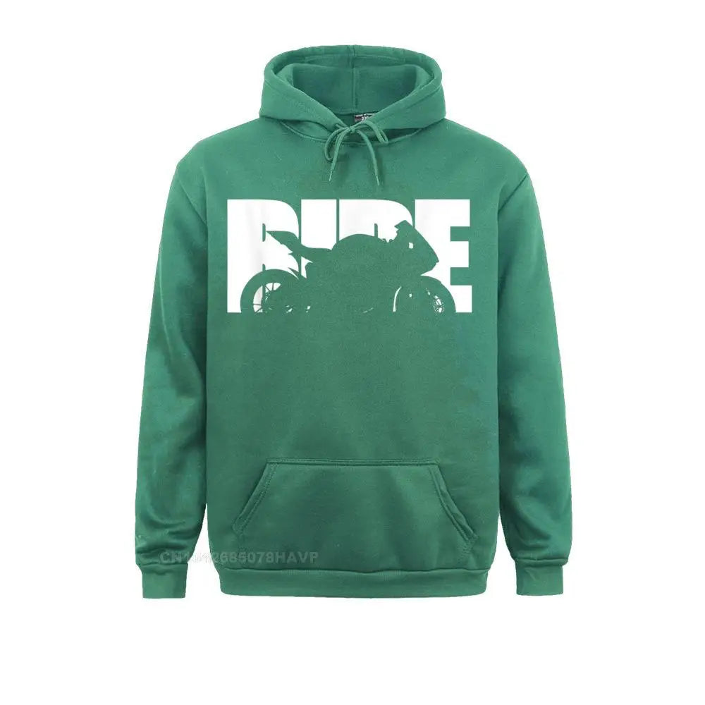 Green hoodie with bold white RIDE motorcycle graphic – men’s biker streetwear pullover