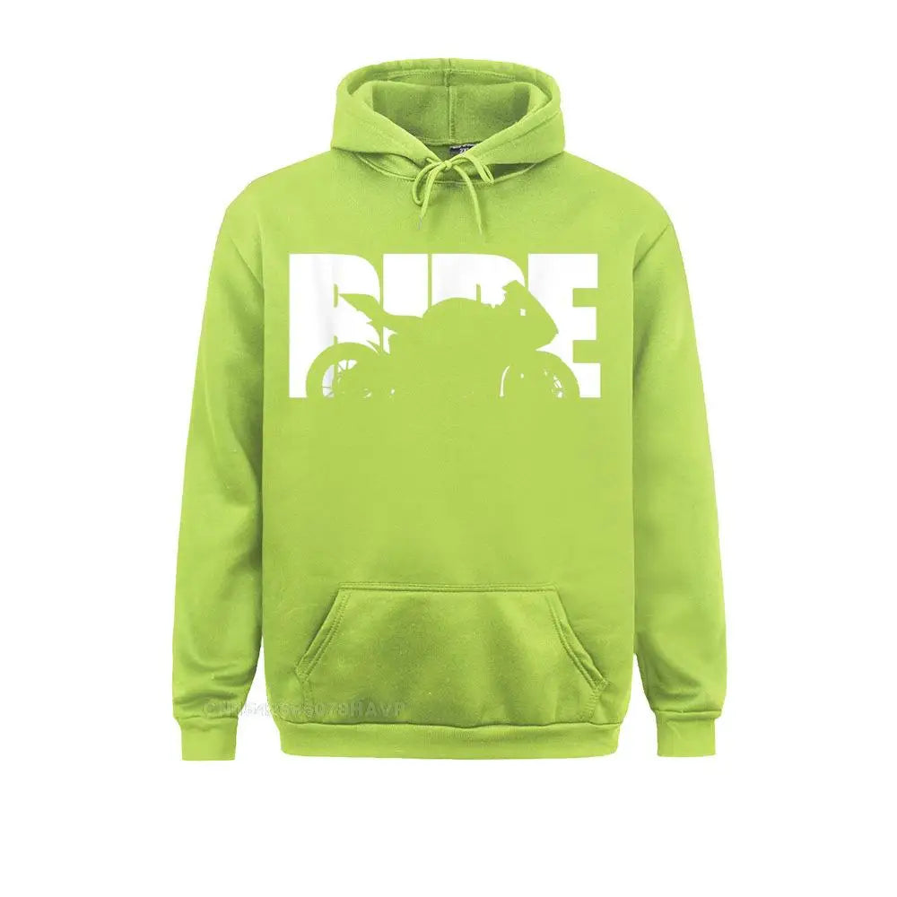 Green hoodie with bold white RIDE motorcycle graphic – men’s biker streetwear pullover