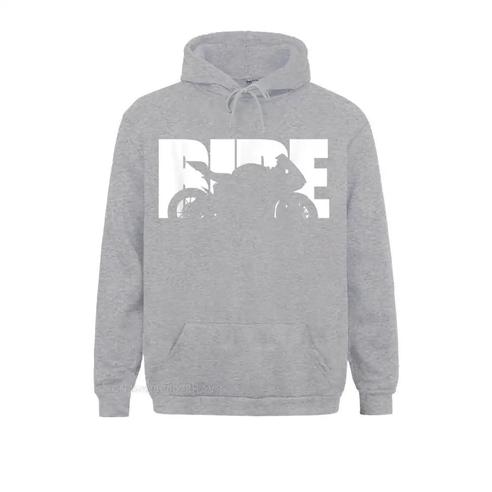 Grey hoodie with bold white RIDE motorcycle graphic – men’s biker streetwear pullover