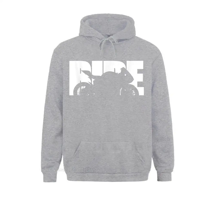 Grey hoodie with bold white RIDE motorcycle graphic – men’s biker streetwear pullover