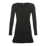 Black ribbed knit long sleeve V-neck bodycon mini dress with ruffle hem