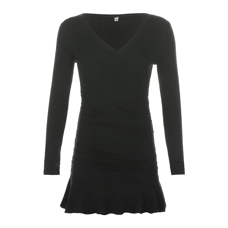 Black ribbed knit long sleeve V-neck bodycon mini dress with ruffle hem