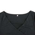 Black ribbed knit long sleeve V-neck bodycon mini dress with ruffle hem