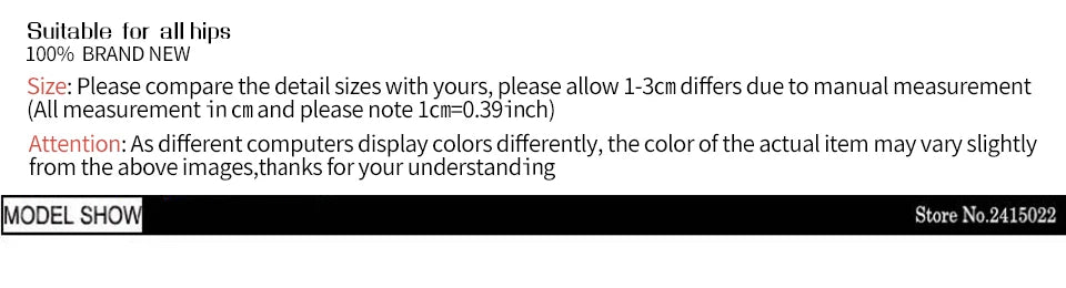Product description text with size and color information on a black background