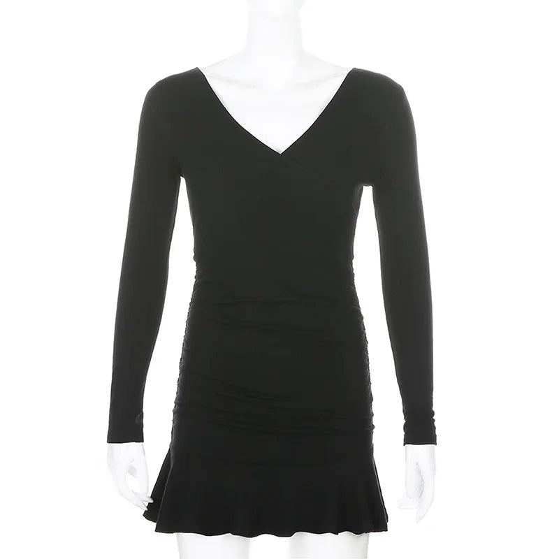 Black ribbed knit long sleeve V-neck bodycon mini dress with ruffle hem