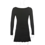 Black ribbed knit long sleeve V-neck bodycon mini dress with ruffle hem