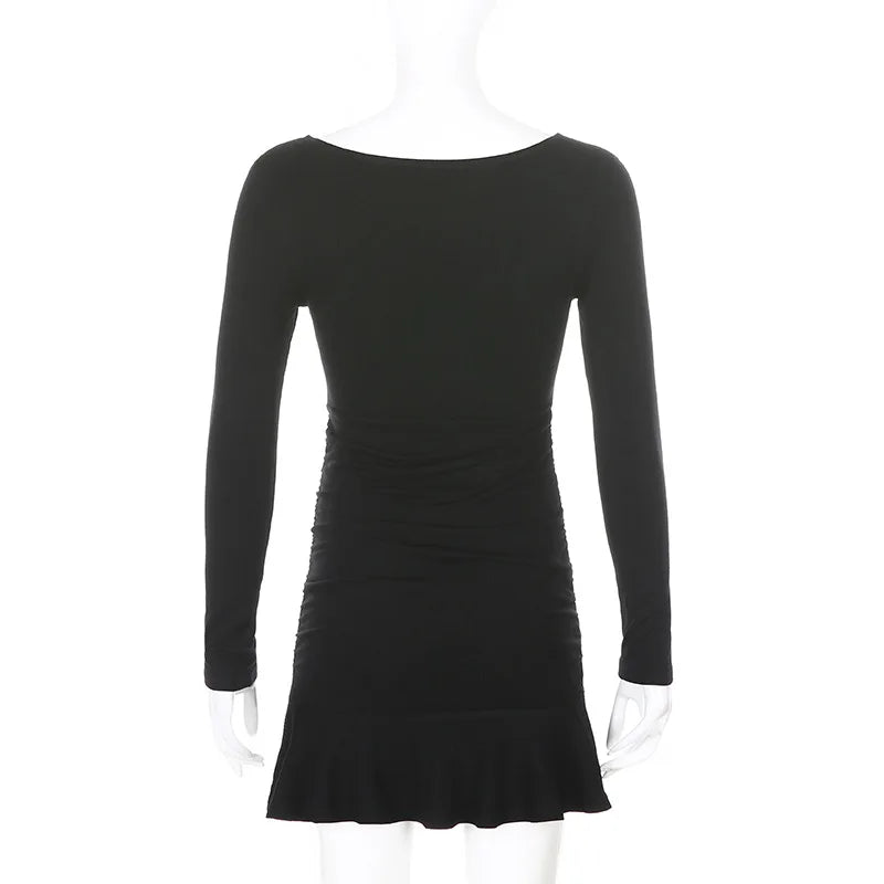 Black ribbed knit long sleeve V-neck bodycon mini dress with ruffle hem