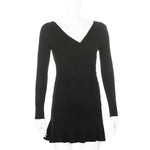 Black ribbed knit long sleeve V-neck bodycon mini dress with ruffle hem