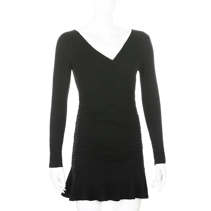 Black ribbed knit long sleeve V-neck bodycon mini dress with ruffle hem