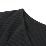 Black ribbed knit long sleeve V-neck bodycon mini dress with ruffle hem 