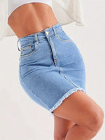 Light blue women’s denim mini skirt with raw hem, button closure, and front pockets – slim fit stretchy summer jeans skirt