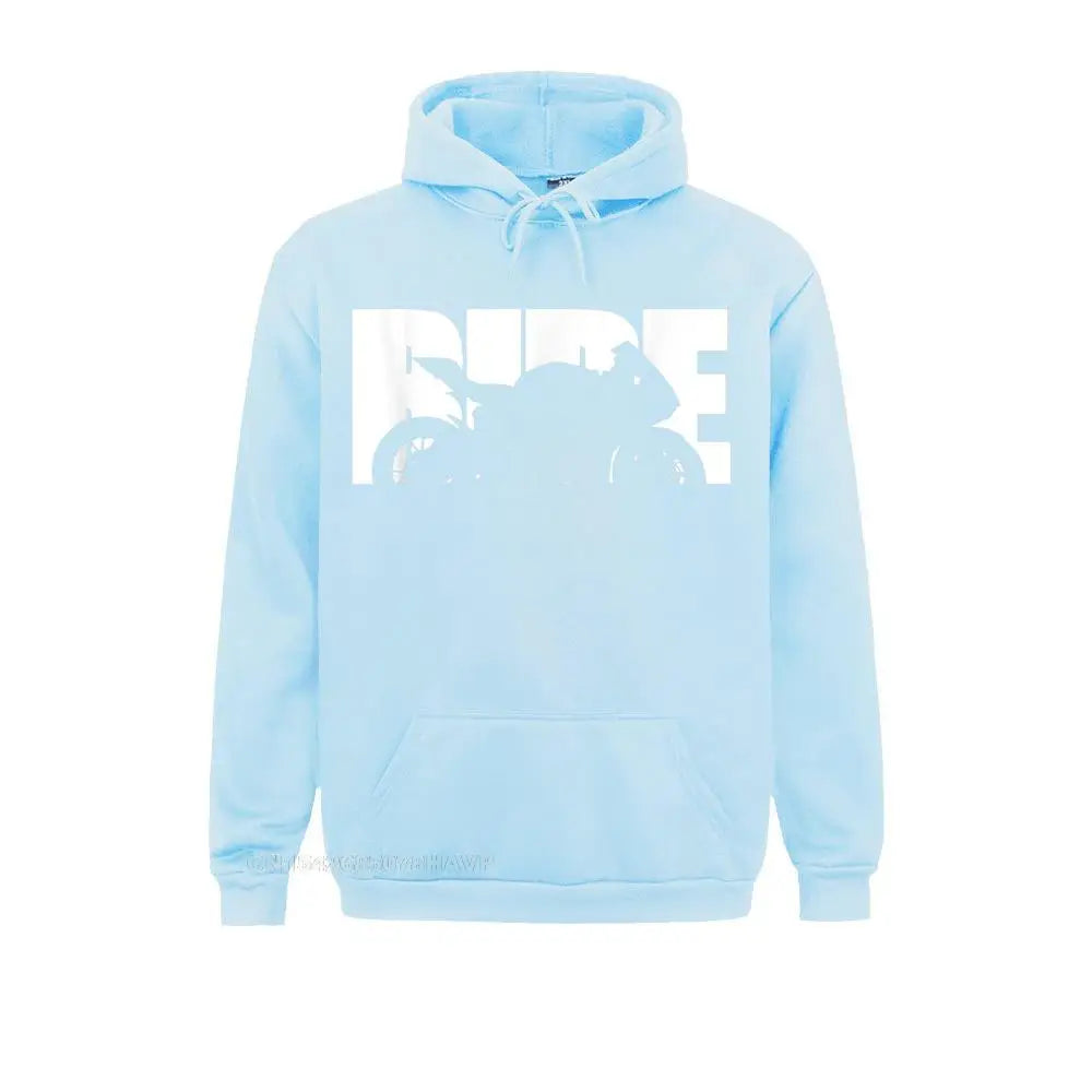 Light Blue hoodie with bold white RIDE motorcycle graphic – men’s biker streetwear pullover