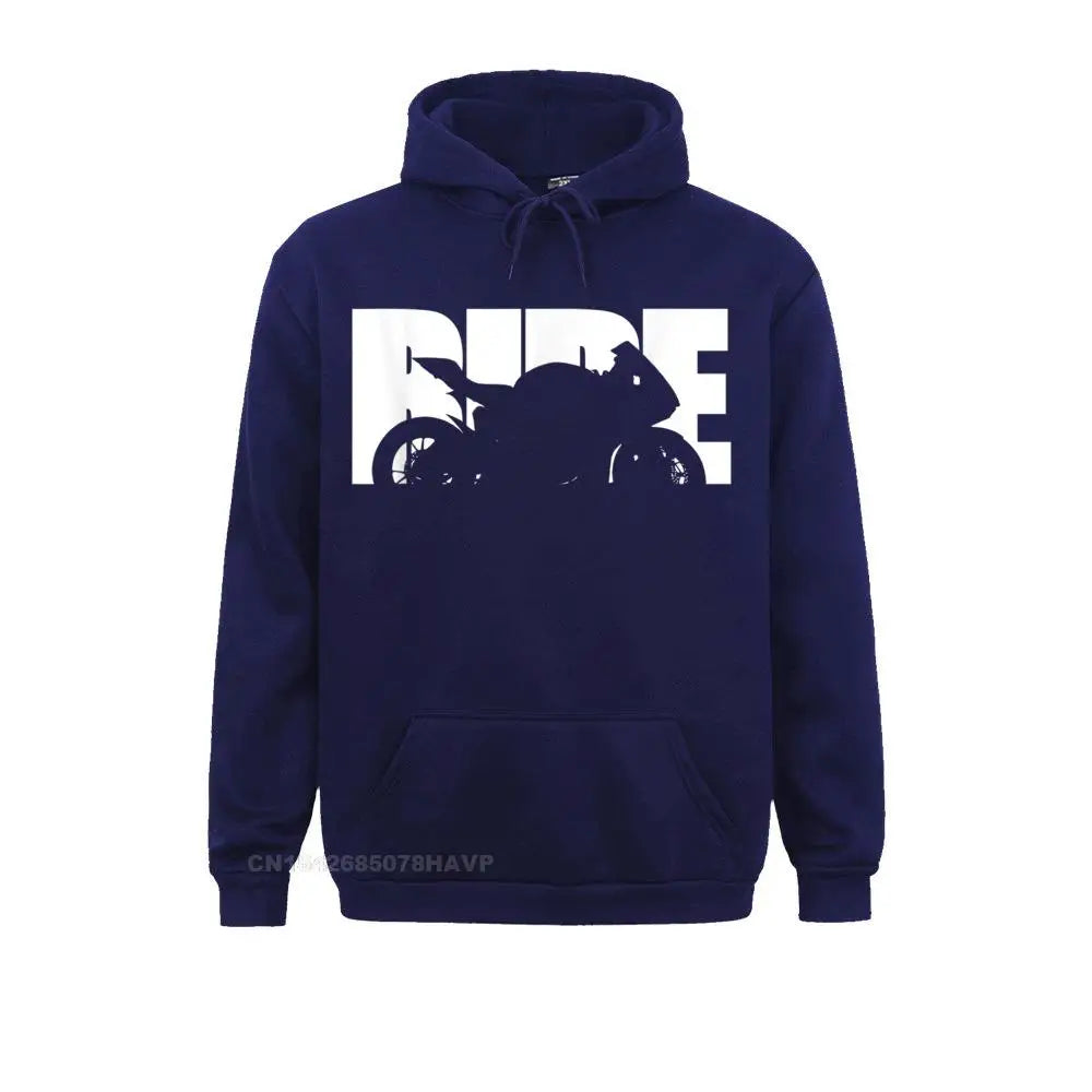Navy Blue hoodie with bold white RIDE motorcycle graphic – men’s biker streetwear pullover