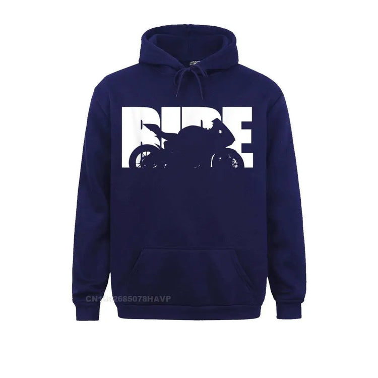 Navy Blue hoodie with bold white RIDE motorcycle graphic – men’s biker streetwear pullover