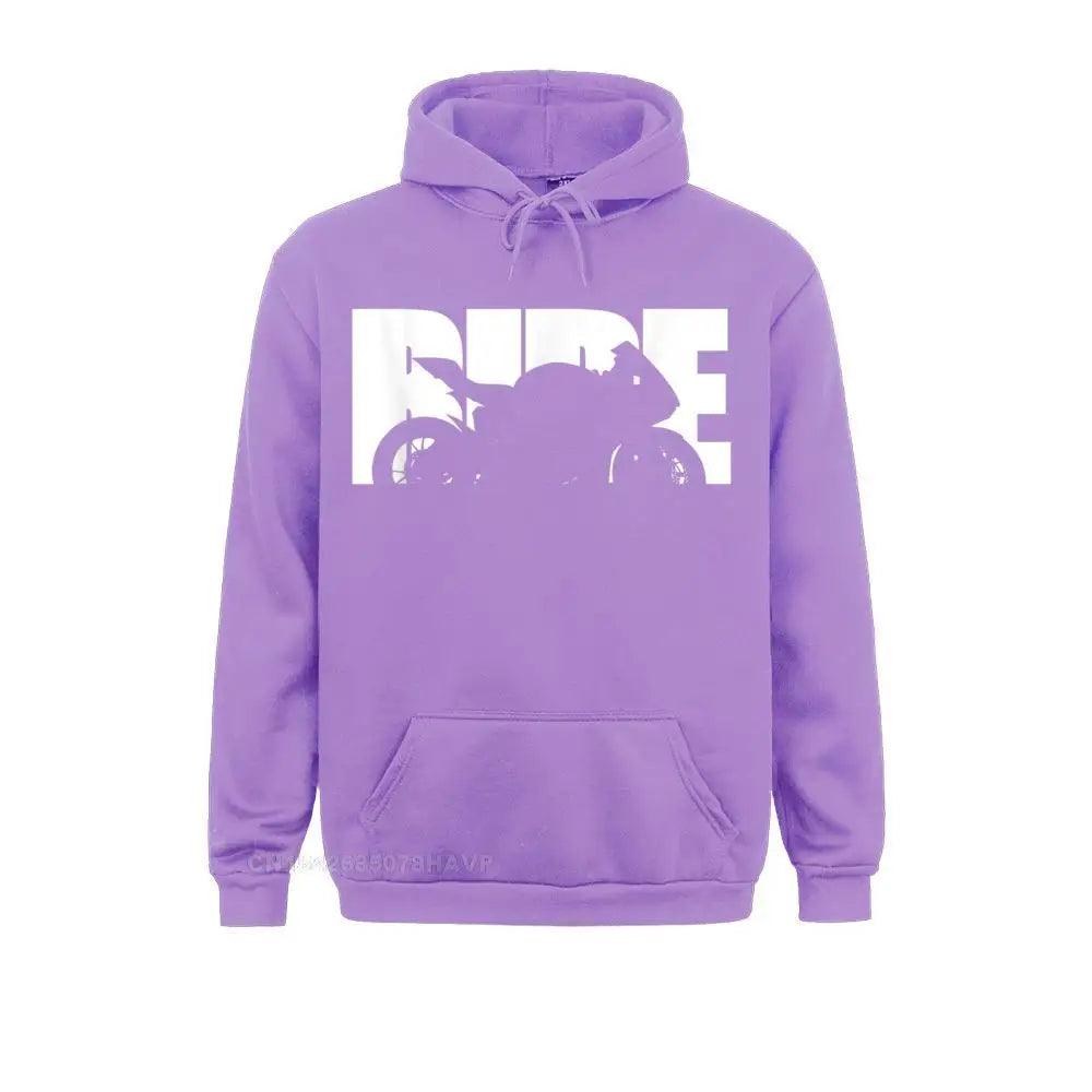 Purple hoodie with bold white RIDE motorcycle graphic – men’s biker streetwear pullover