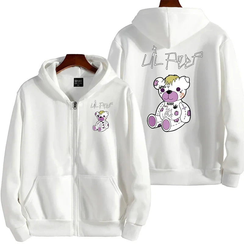 White zip-up hoodie with multiple gothic letter print on back