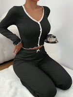 Black ribbed knit Y2K loungewear set with lace trim V-neck top and pants