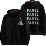 Black graphic zip-up hoodie with gothic letter artwork