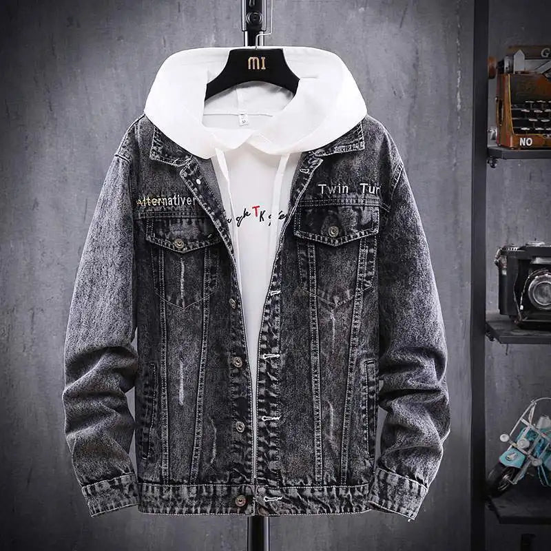 Men’s Embroidered Punk Denim Jacket – Vintage Streetwear Coat