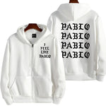 White zip-up hoodie with gothic letter graphic on front