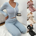 Sky blue ribbed knit Y2K loungewear set with lace trim V-neck top and pants