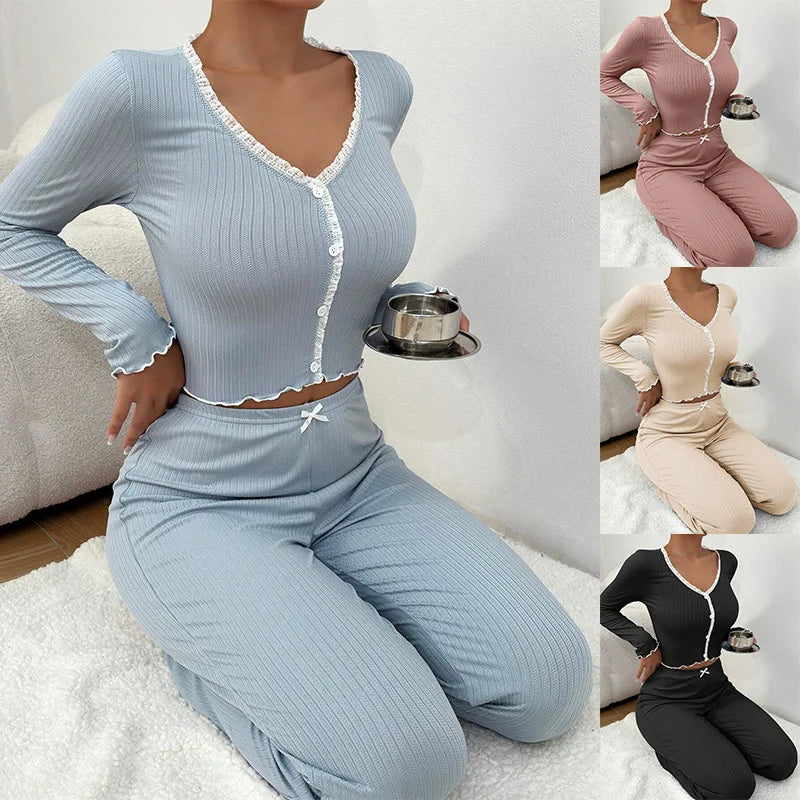 Sky blue ribbed knit Y2K loungewear set with lace trim V-neck top and pants