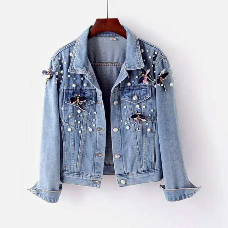 Luxury Embroidered Cropped Denim Jacket – Women’s Beaded Jean Coat