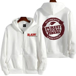 White zip-up hoodie with gothic letter graphic on front