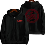 Black graphic zip-up hoodie with gothic letter artwork