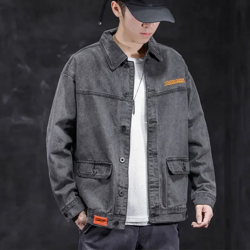 Men’s Embroidered Punk Denim Jacket – Vintage Streetwear Coat