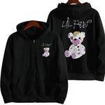 Black graphic zip-up hoodie with gothic letter artwork