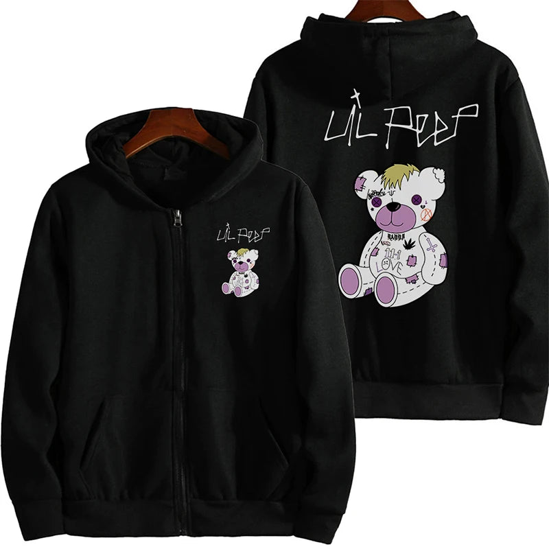 Black graphic zip-up hoodie with gothic letter artwork