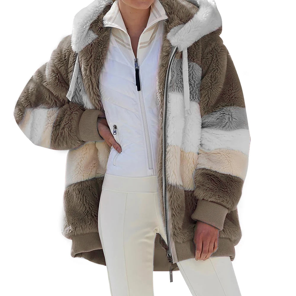 Oversized Women’s Plush Hooded Jacket – Warm Winter Cashmere-Feel Coat