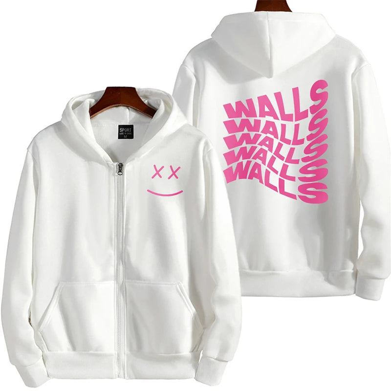 White zip-up hoodie with multiple gothic letter print on back