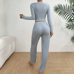Sky blue ribbed knit Y2K loungewear set with lace trim V-neck top and pants