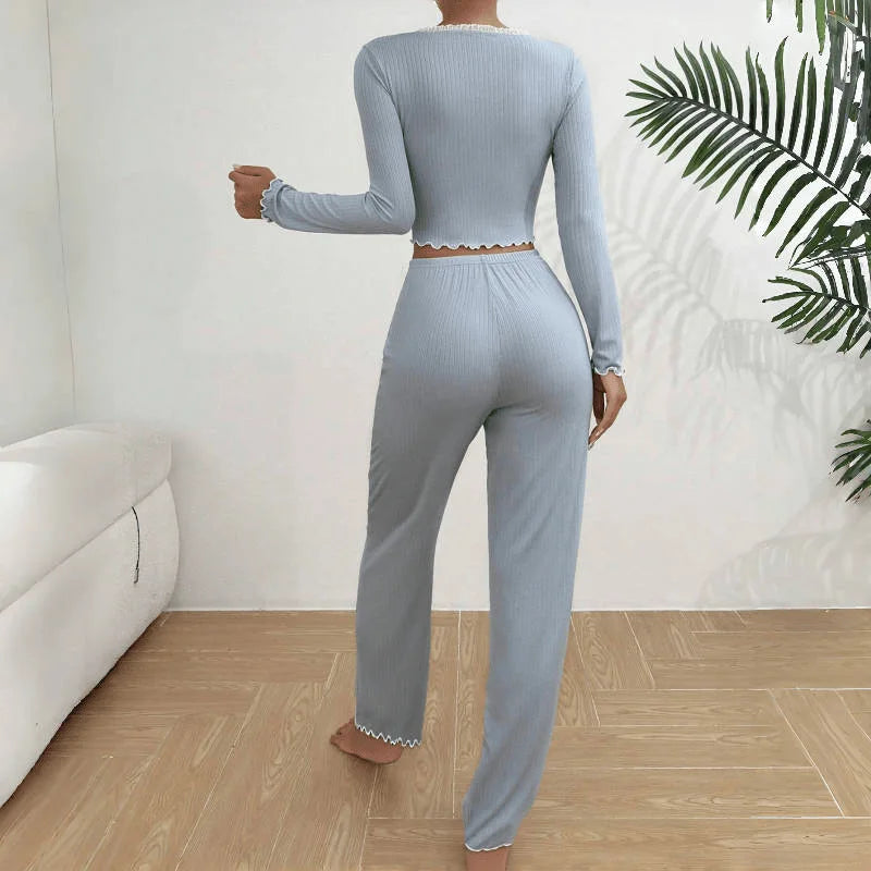 Sky blue ribbed knit Y2K loungewear set with lace trim V-neck top and pants
