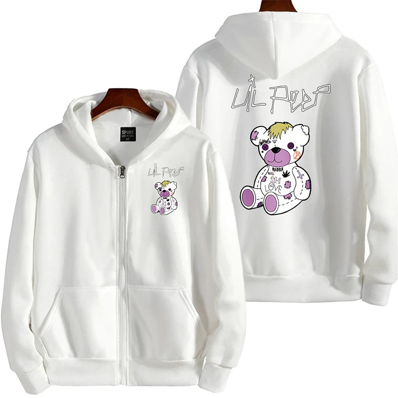 White zip-up hoodie with multiple gothic letter print on back