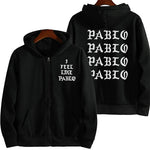 Black graphic zip-up hoodie with gothic letter artwork