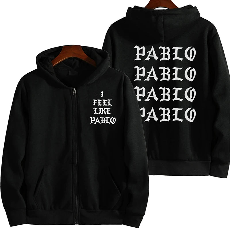Black graphic zip-up hoodie with gothic letter artwork