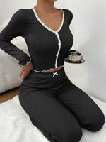 Black ribbed knit Y2K loungewear set with lace trim V-neck top and pants
