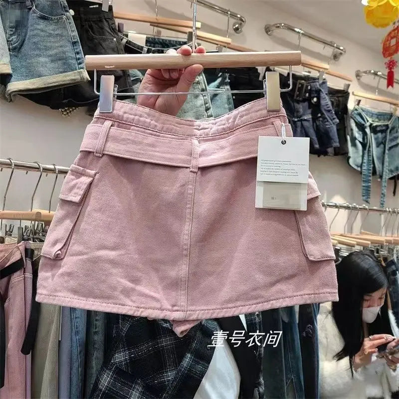 Women’s High-Stretch Y2K Pink Cargo Mini Skirt – Low Waist Denim Skirt with Pockets & Belt