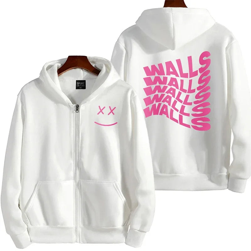 White zip-up hoodie with multiple gothic letter print on back